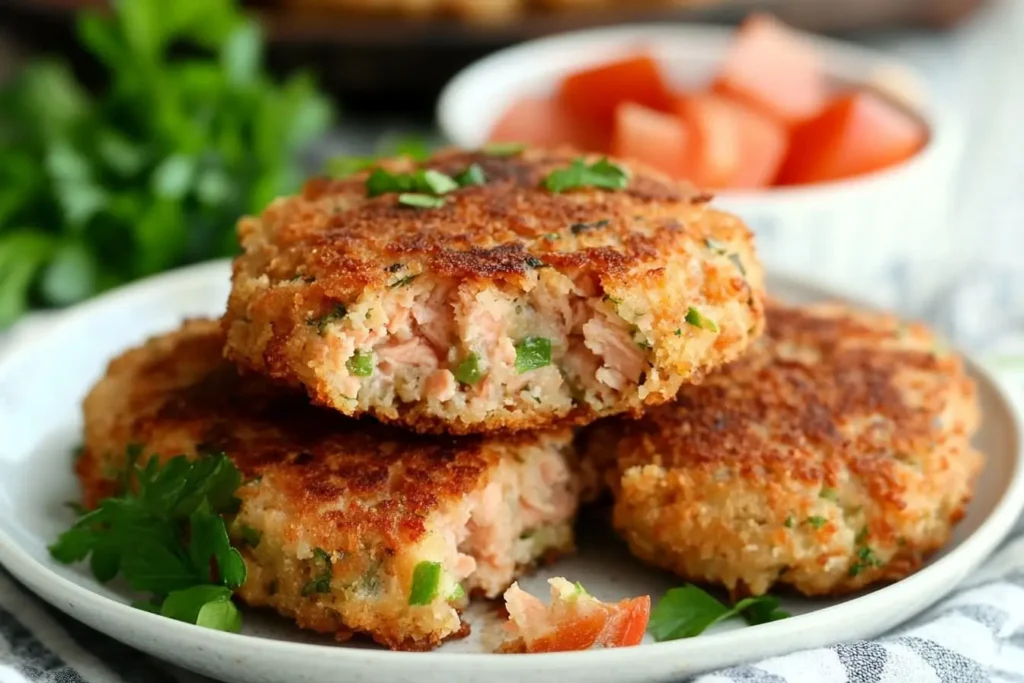 Crispy old fashioned salmon patties garnished with parsley on a white plate.