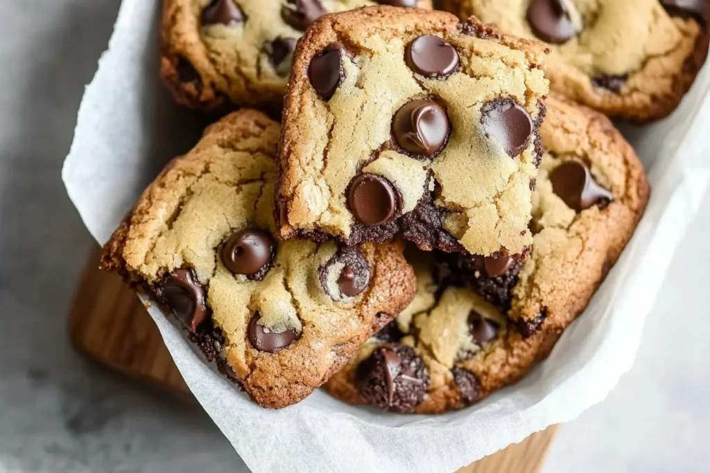 Freshly baked brookies with golden cookie tops and rich brownie layers, topped with melted chocolate chips, served in a parchment-lined basket.