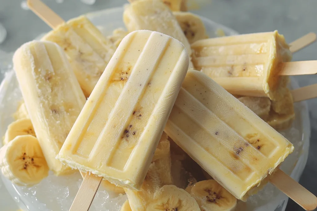 Creamy banana popsicles with visible banana chunks served on ice with fresh banana slices.