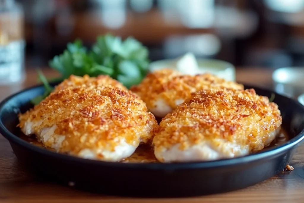 Crispy Parmesan-crusted chicken served in a black skillet with fresh herbs in the background.