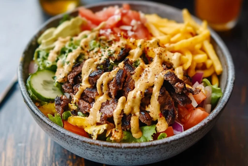 Burger bowl with fresh vegetables, grilled beef, cucumber slices, tomato, and drizzled sauce served in a gray bowl.