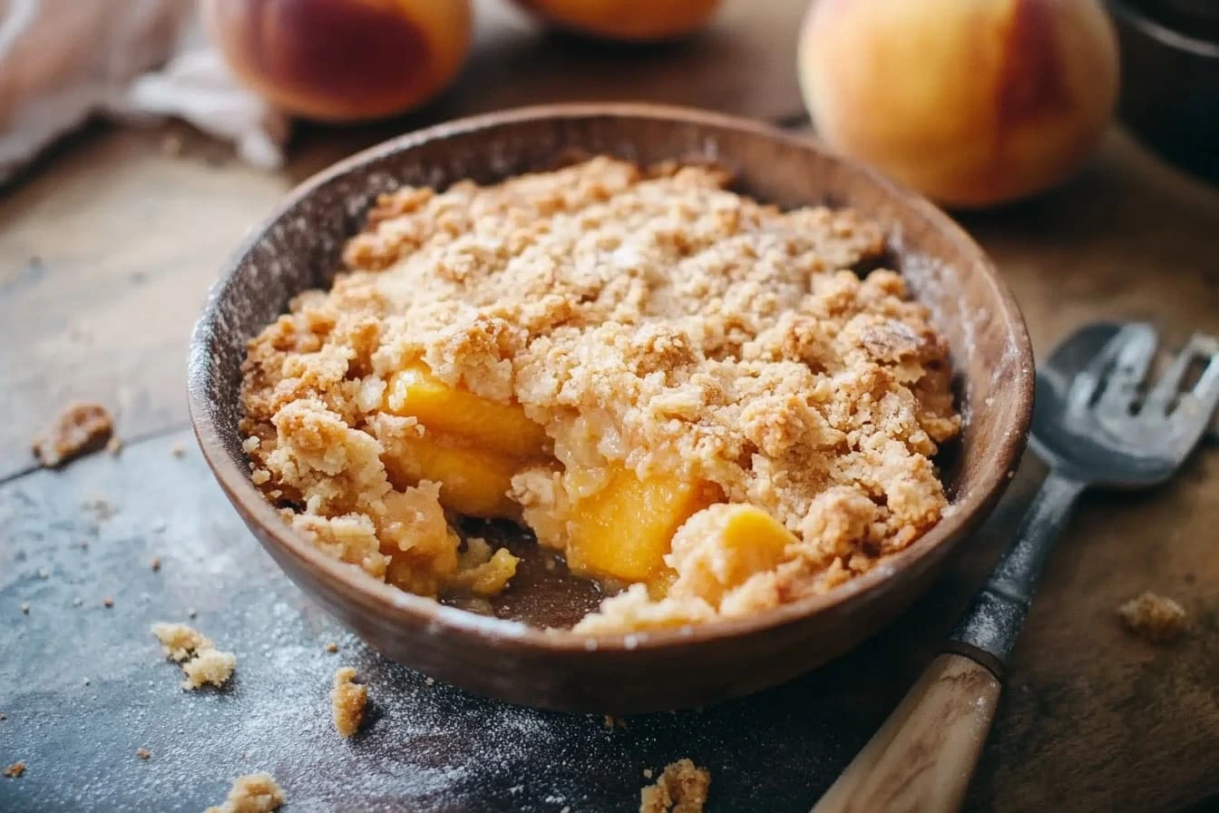 Homemade peach crumble served in a wooden bowl with golden crumble topping and juicy peach filling, surrounded by fresh peaches and a fork.