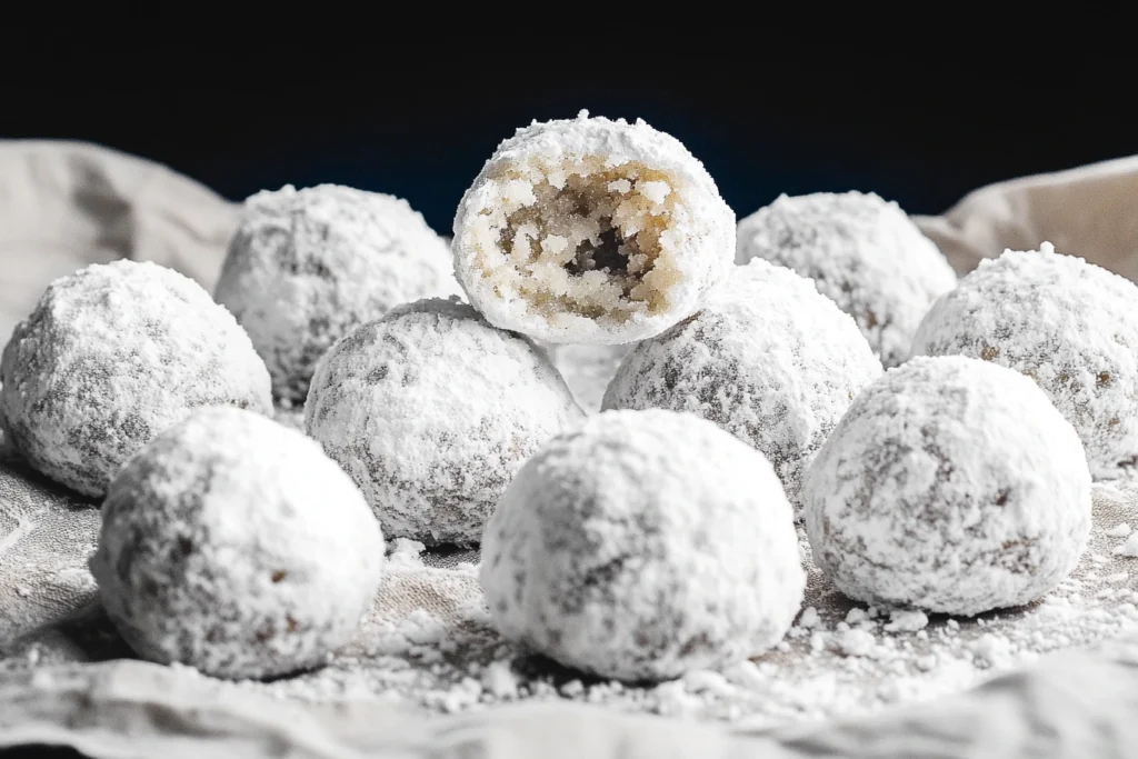 A group of snowball cookies dusted with powdered sugar, with one showing its soft interior.