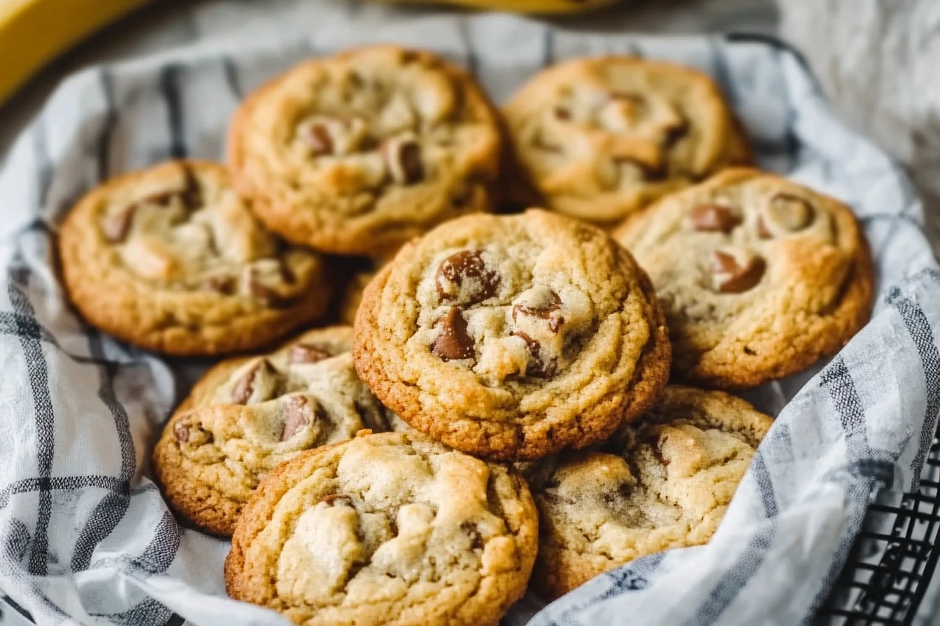 A basket of freshly baked banana bread cookies with chocolate chips, arranged on a checkered cloth.