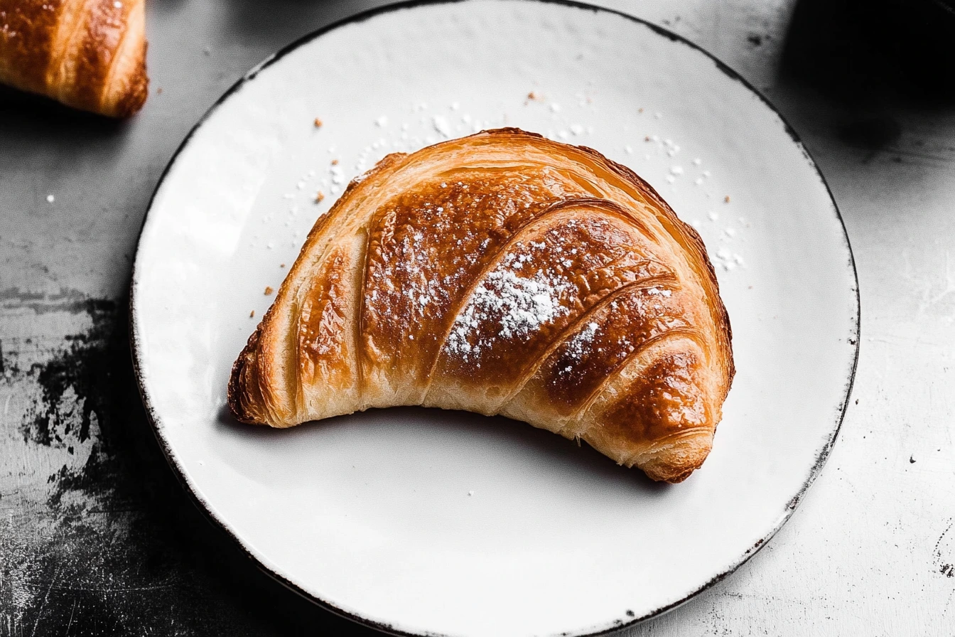 Golden, flaky croissant dusted with powdered sugar on a white plate.