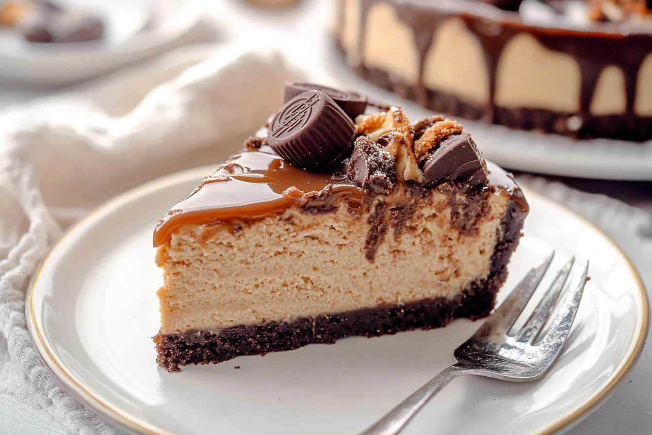 Slice of cheesecake with caramel drizzle, chocolate chunks, and a dark chocolate crust.