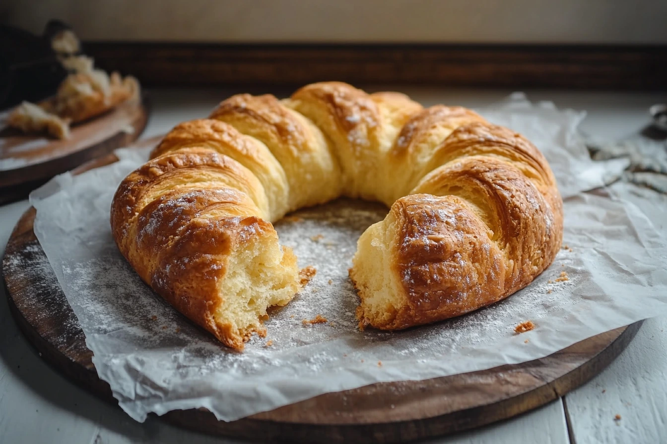 A freshly baked Swiss gipfeli with a golden, flaky crust and a soft, torn interior on parchment paper.