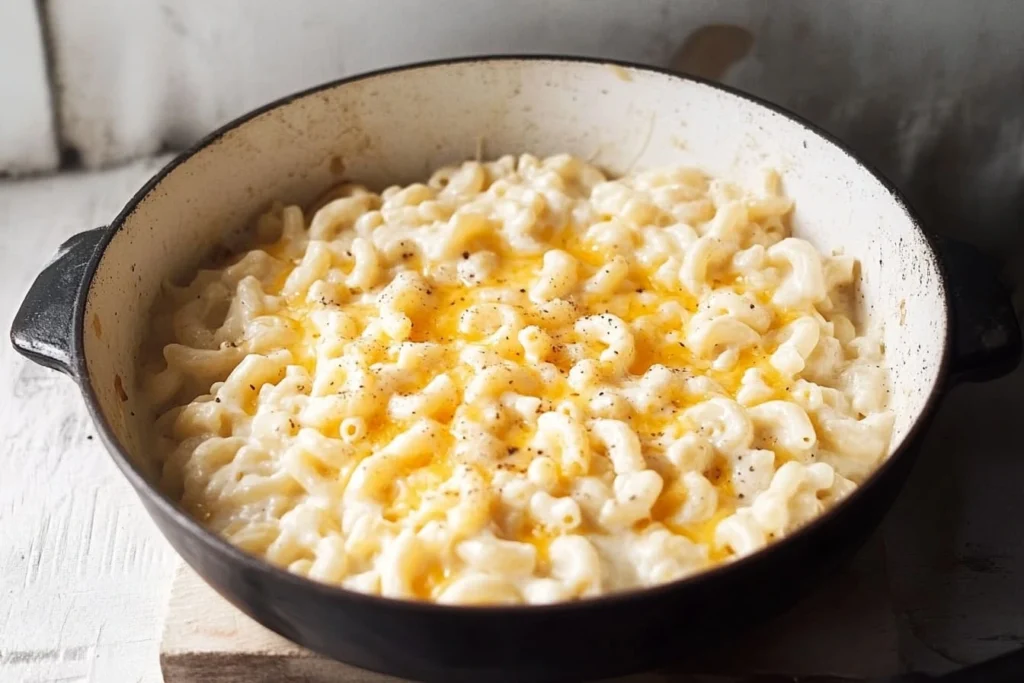 Creamy mac and cheese in a cast-iron skillet with melted cheese topping.