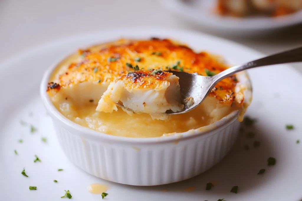 A creamy crab brûlée in a white ramekin with a golden caramelized top, garnished with herbs.