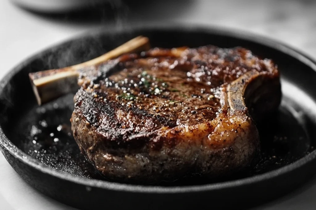 Juicy, grilled bone-in steak seasoned and served in a cast-iron skillet.