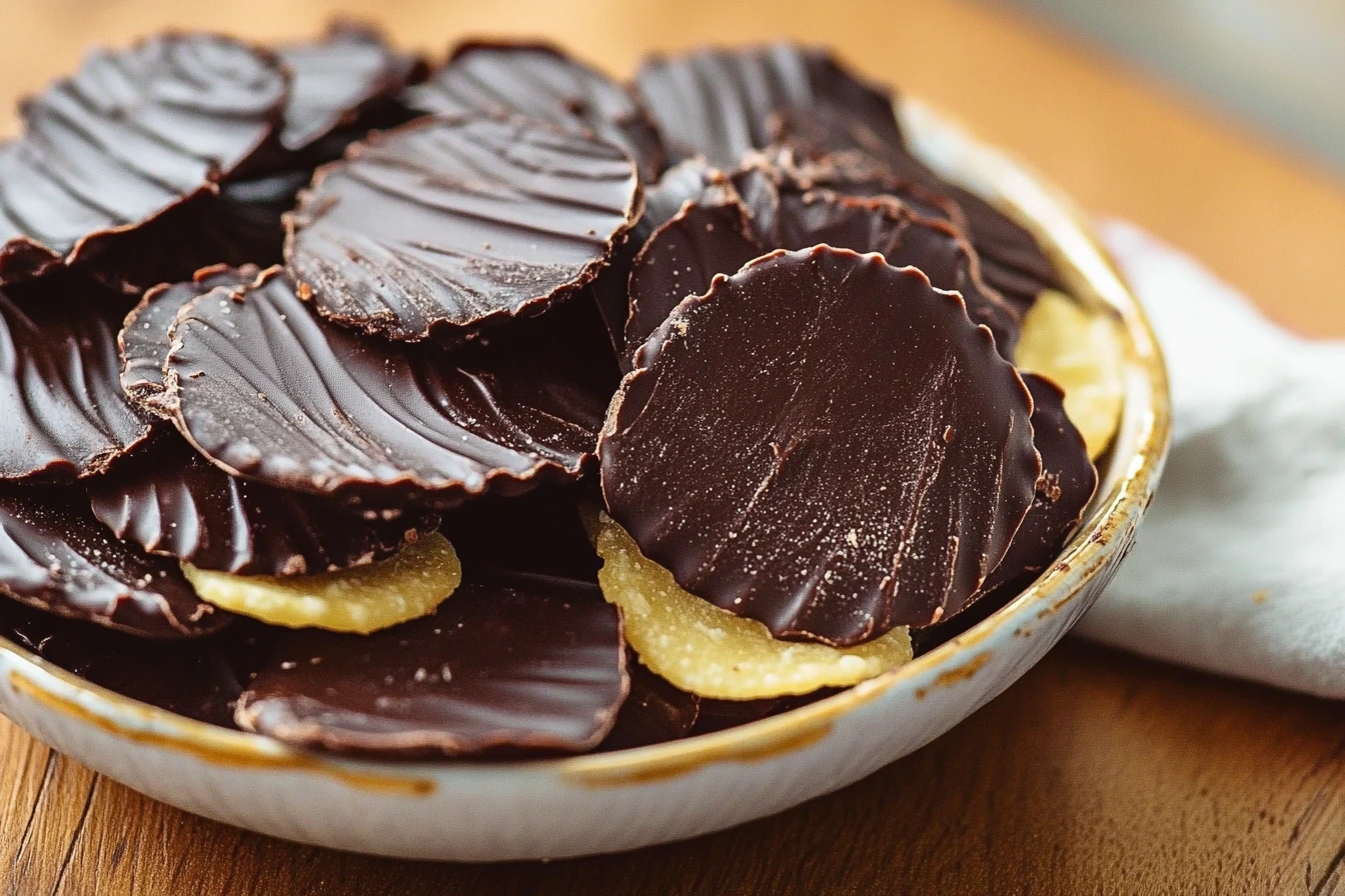 Bowl of dark chocolate-covered potato chips with a glossy finish and golden crisp edges.