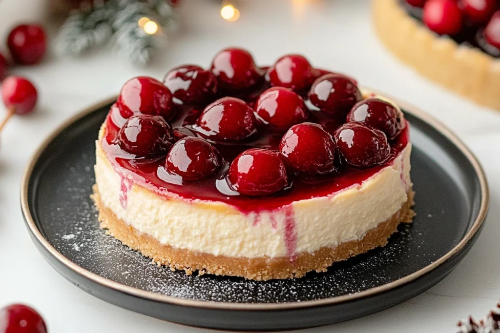 Cherry cheesecake topped with glossy red cherries on a black plate.