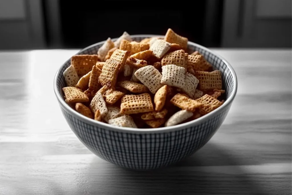 Bowl of crunchy homemade Chex Mix on a table.