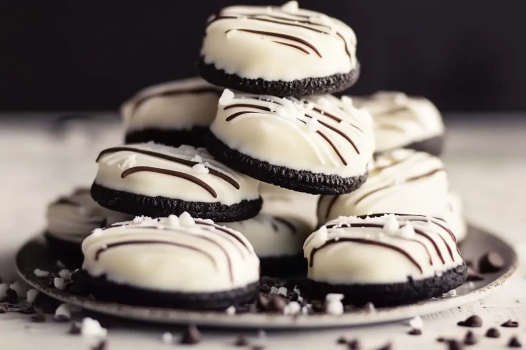 A stack of White Chocolate Oreos drizzled with dark chocolate on a plate, with chocolate crumbs scattered around.