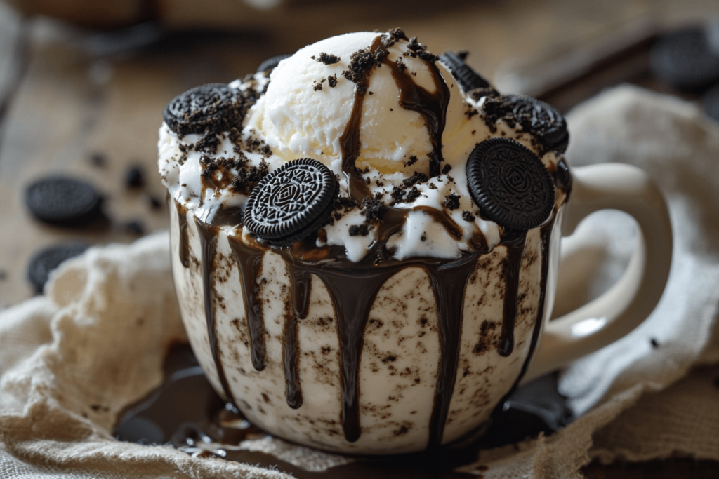 Oreo Mug Cake in a microwave-safe mug with a scoop of ice cream on top.