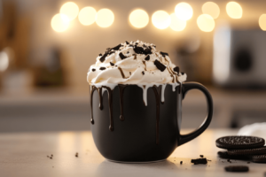 Oreo Mug Cake with toppings of whipped cream and chocolate syrup.