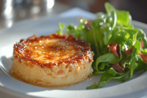 Serving suggestion for Crab Brulee with salad