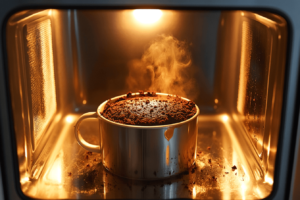 Oreo Mug Cake cooking in the microwave.
