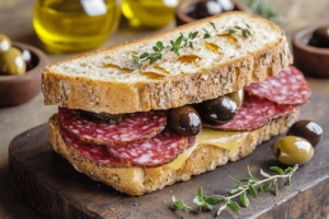 Olive oil and vinegar drizzled on salami sandwich