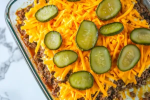 Layering cheese and pickles in Big Mac casserole