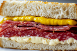 Mustard and mayonnaise for salami sandwich.