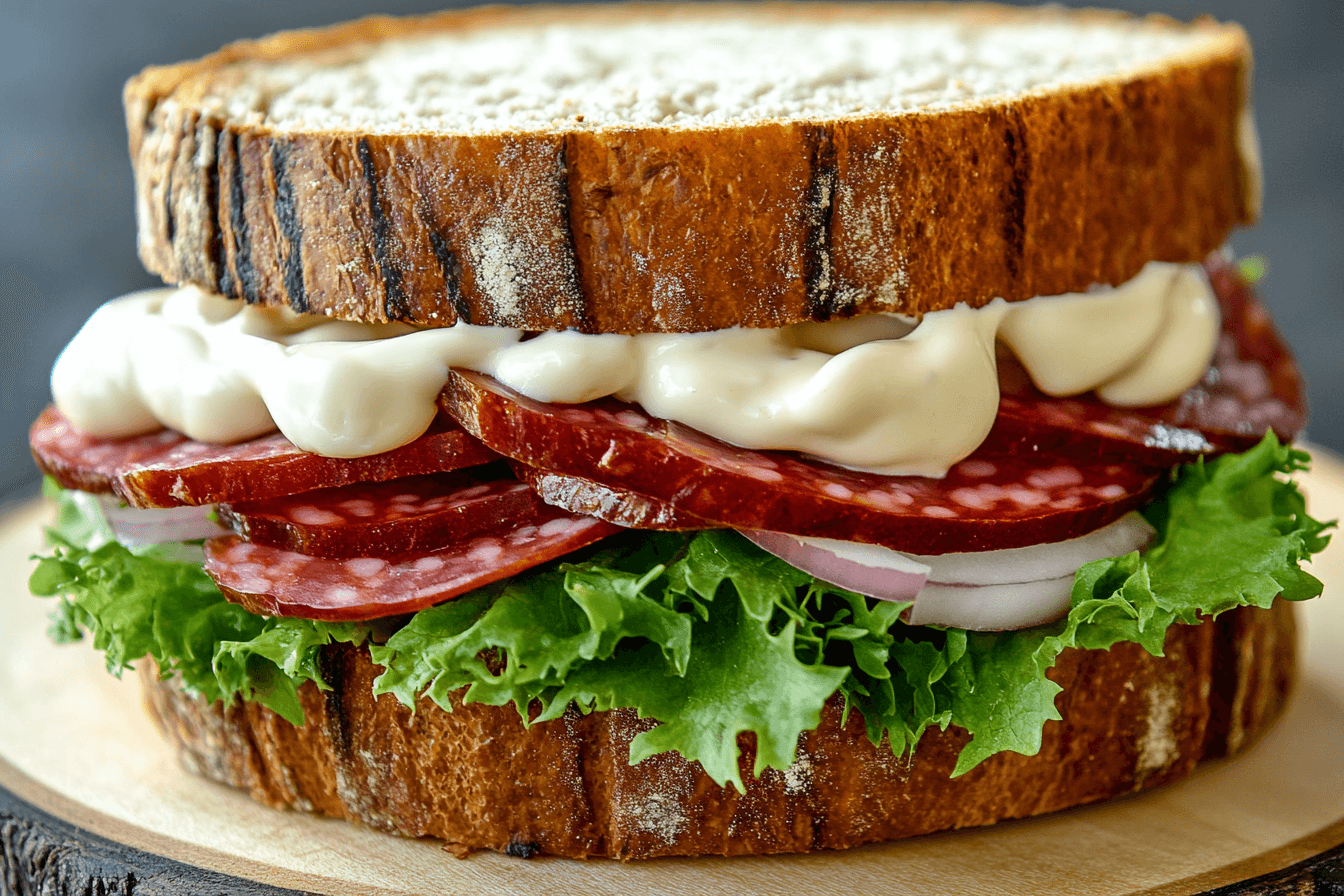Do mayo and salami go together? A creamy mayo paired with salty salami in a sandwich.
