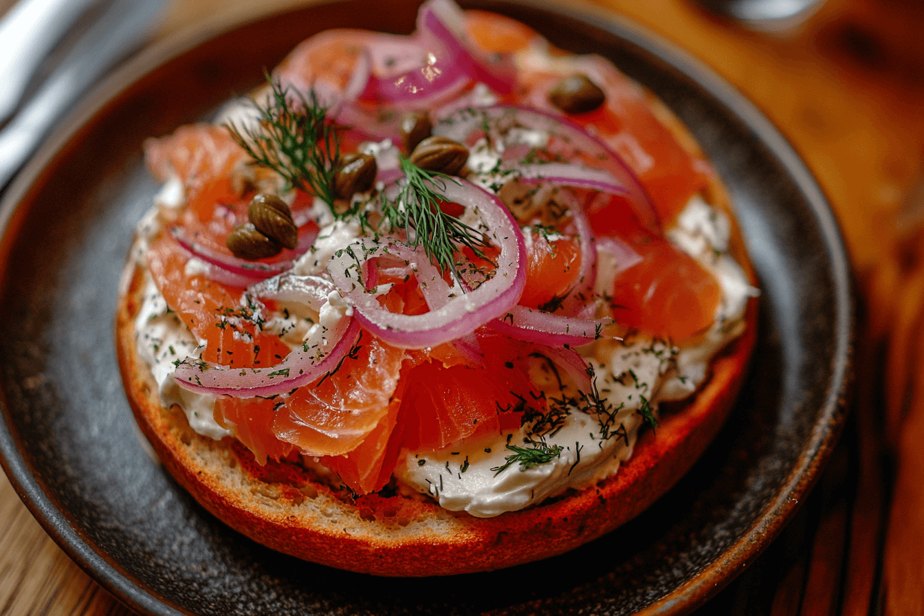 Salmon bagel on a plate with fresh herbs
