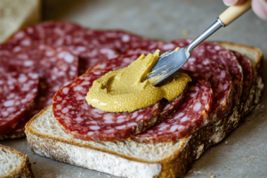 Dijon mustard spread on salami sandwich