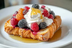 Sweet croissant toast with fruit and cream