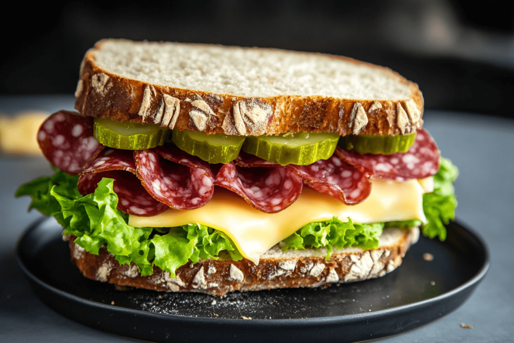 Salami sandwich with cheese and pickles