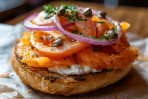 Lox bagel with tomatoes, onions, and capers