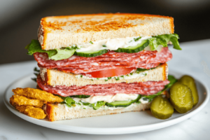 A sandwich made with salami, mayo, and fresh vegetables.