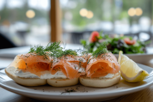 Delicious lox bagel with fresh toppings
