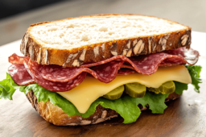 Finished salami sandwich with cheese and vegetables