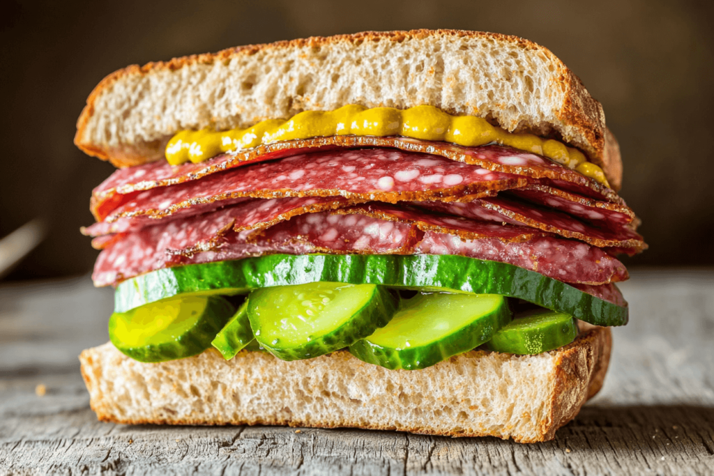 Salami sandwich with mustard and pickles