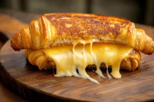 Savory croissant toast sandwich with melted cheese.