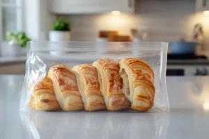 Stacked slices of croissant toast in a freezer bag.