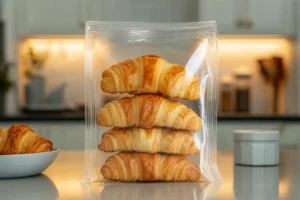 Stacked slices of croissant toast in a freezer bag.