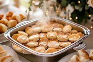 Chafing dish keeping mini pancakes warm