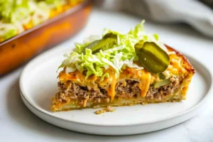 Low-carb Big Mac casserole slice with fresh lettuce