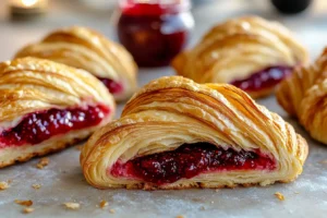 Sliced croissant toast topped with jam.