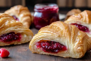 Sliced croissant toast topped with jam.