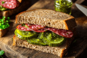 Relish and pickles added to salami sandwich