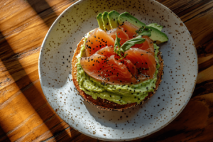Whole wheat bagel with salmon and avocado