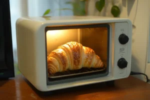Toast a croissant in a toaster oven, crispy layers