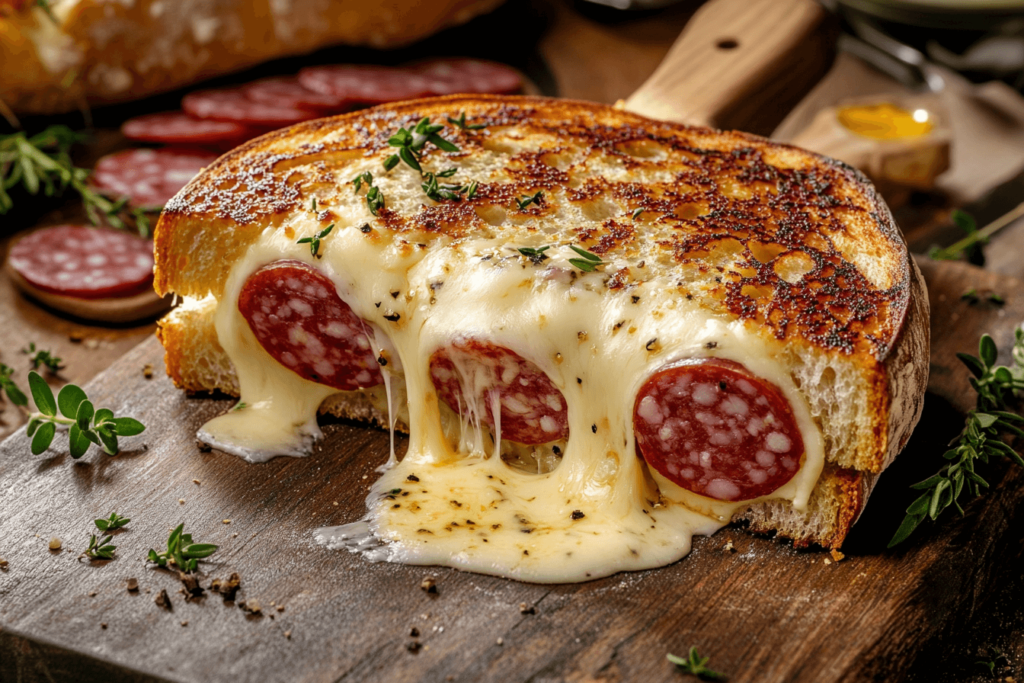 Salami sandwich with cheese and vegetables