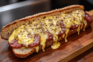 Toasted salami sandwich with melted cheese