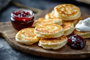 Pikelets served with jam and cream