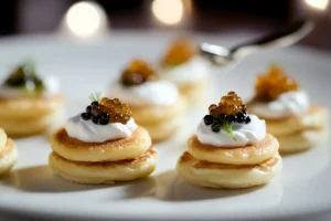 Blini topped with sour cream and caviar
