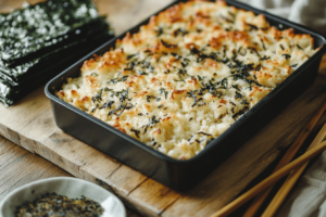 Serving sushi bake with seaweed sheets on the side.